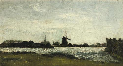 Theo van Doesburg River landscape with steeple and mill. oil painting picture